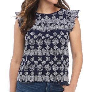 Crown & Ivy Embroidered Flutter Sleeve Top in Navy and White